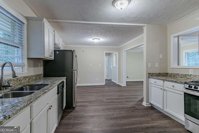 kitchen with dark wood-style floors, stainless steel appliances, ornamental molding, white cabinetry, and a sink