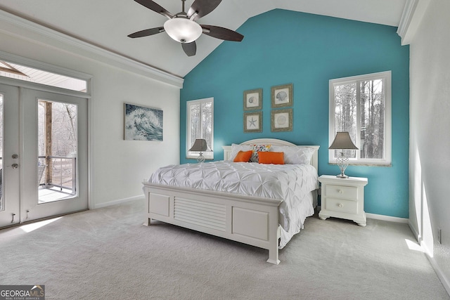 bedroom with carpet floors, access to exterior, baseboards, and vaulted ceiling