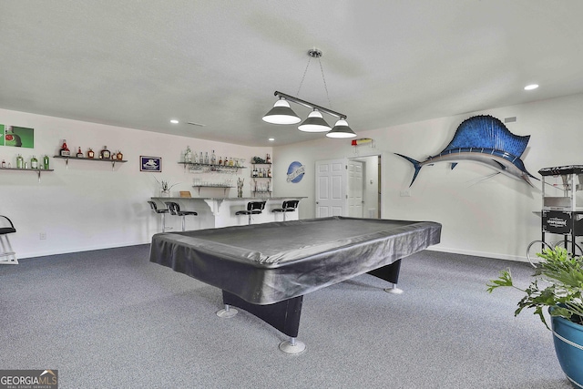 recreation room featuring recessed lighting, pool table, carpet flooring, a bar, and baseboards