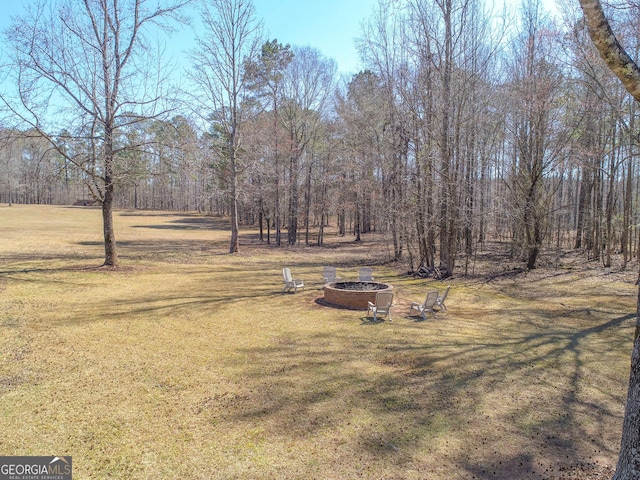 view of yard with a fire pit