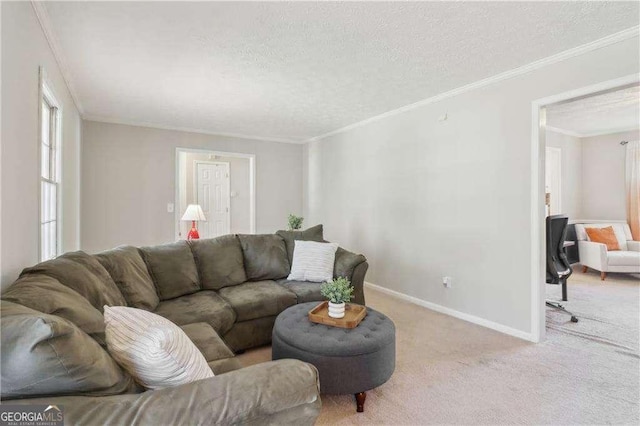 living room with carpet, a textured ceiling, ornamental molding, and baseboards