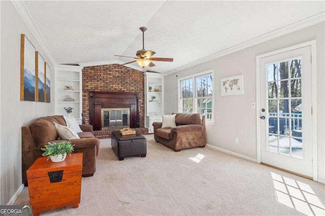 carpeted living area with lofted ceiling, baseboards, built in features, and crown molding