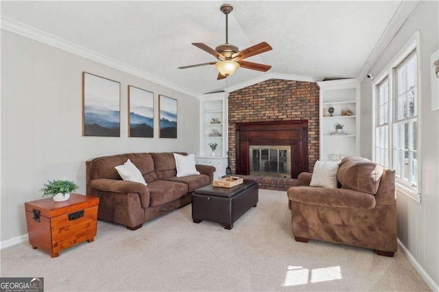 living room with built in shelves, ornamental molding, vaulted ceiling, and carpet flooring