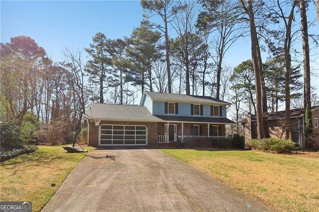 view of front of house featuring a garage, aphalt driveway, a porch, and a front lawn