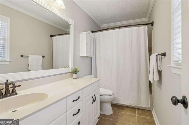 bathroom with toilet, curtained shower, tile patterned flooring, crown molding, and vanity