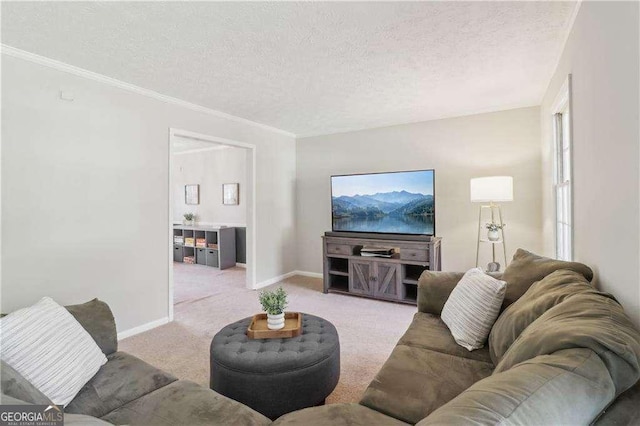 carpeted living room with a textured ceiling, ornamental molding, and baseboards