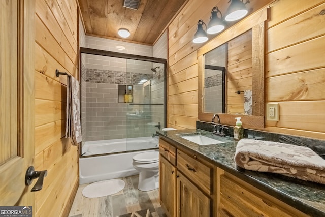 full bath featuring toilet, wooden walls, wood ceiling, visible vents, and vanity