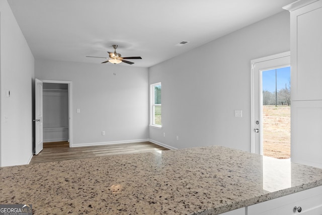 interior space with a wealth of natural light, wood finished floors, visible vents, and a ceiling fan