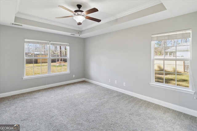 carpeted empty room with a raised ceiling, visible vents, and baseboards