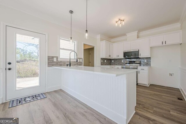 3800 George Williams Rd, Monroe, GA 30656 - kitchen featuring a peninsula, white cabinetry, light wood-style floors, light countertops, and appliances with stainless steel finishes