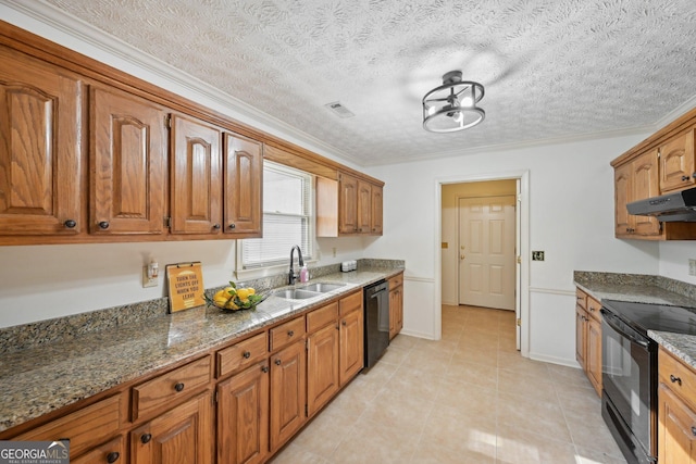 2768 Southpark Blvd SW, Conyers, GA 30094 - kitchen featuring a sink, black appliances, brown cabinetry, dark stone countertops, and ornamental molding