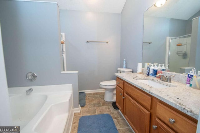 bathroom with a garden tub, toilet, an enclosed shower, vanity, and baseboards