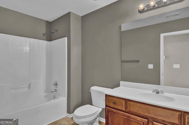 bathroom featuring shower / bath combination, visible vents, toilet, tile patterned flooring, and vanity