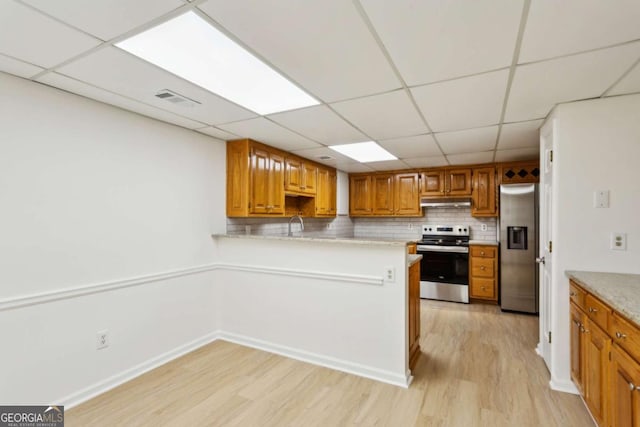 kitchen featuring decorative backsplash, appliances with stainless steel finishes, a peninsula, light wood-type flooring, and under cabinet range hood