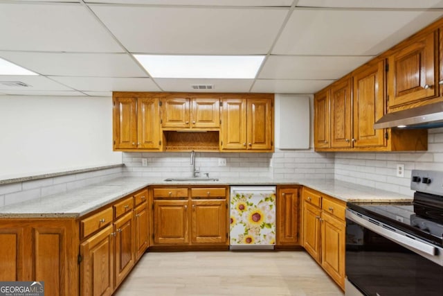 kitchen with dishwashing machine, brown cabinets, backsplash, stainless steel electric range, and a sink