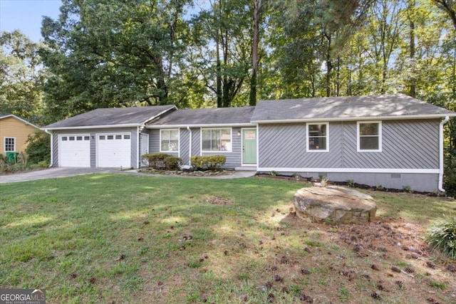 single story home with crawl space, an attached garage, aphalt driveway, and a front yard