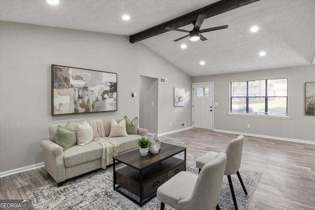 living area with lofted ceiling with beams, baseboards, and wood finished floors