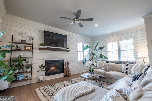 living area featuring a fireplace, ornamental molding, and wood finished floors