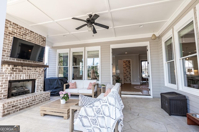 view of patio with an outdoor living space with a fireplace, a grill, and a ceiling fan