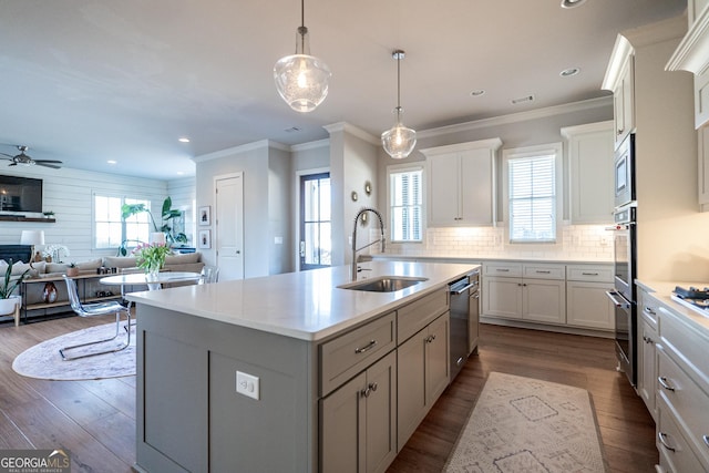 kitchen featuring stainless steel appliances, tasteful backsplash, dark wood-style flooring, and a sink