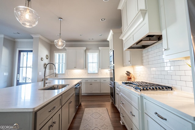 kitchen with dark wood finished floors, stainless steel appliances, light countertops, premium range hood, and a sink