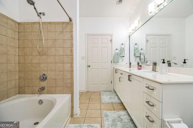 bathroom featuring tile patterned flooring, shower / bath combination, a sink, and double vanity