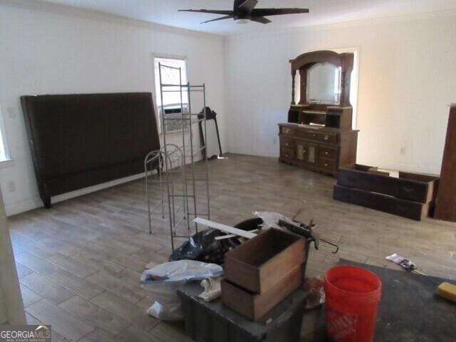 living room with a ceiling fan and wood finished floors