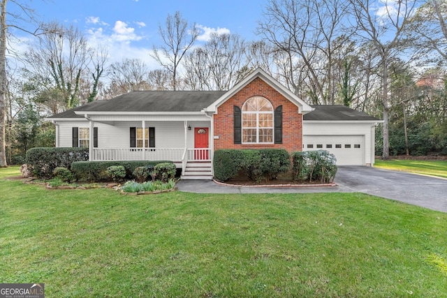 ranch-style home with a front lawn, aphalt driveway, a porch, roof with shingles, and a garage