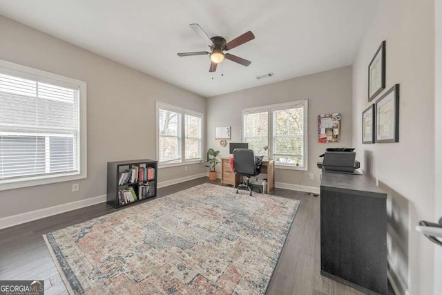 office space featuring a healthy amount of sunlight, dark wood-style floors, and visible vents