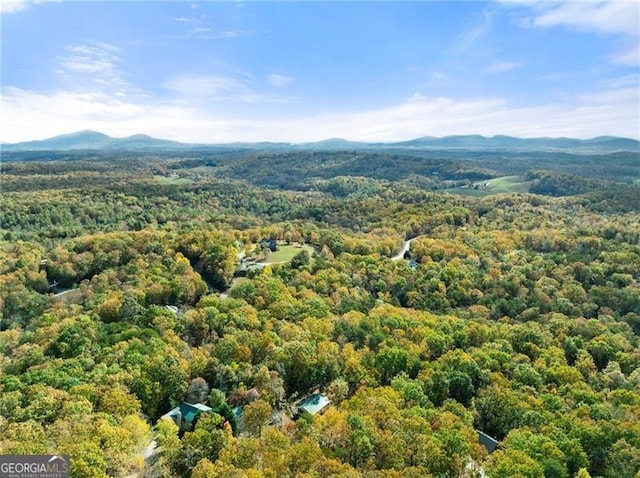 drone / aerial view with a mountain view and a view of trees