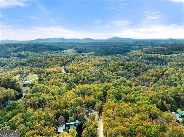 birds eye view of property featuring a mountain view and a wooded view