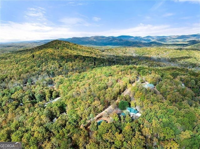 birds eye view of property featuring a mountain view and a view of trees