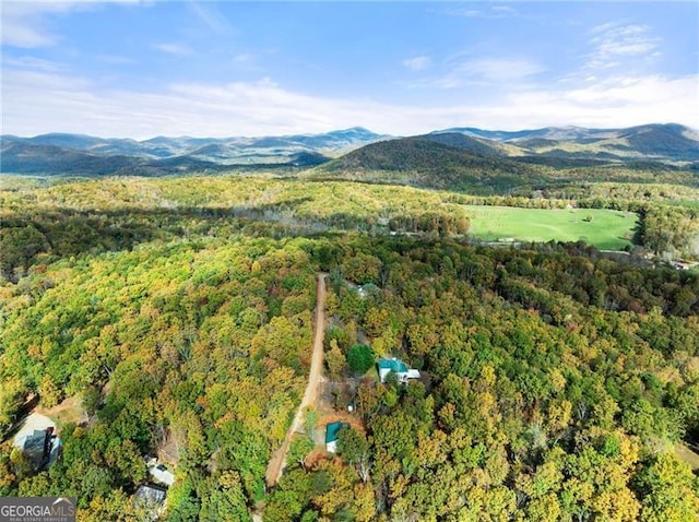 drone / aerial view featuring a forest view and a mountain view