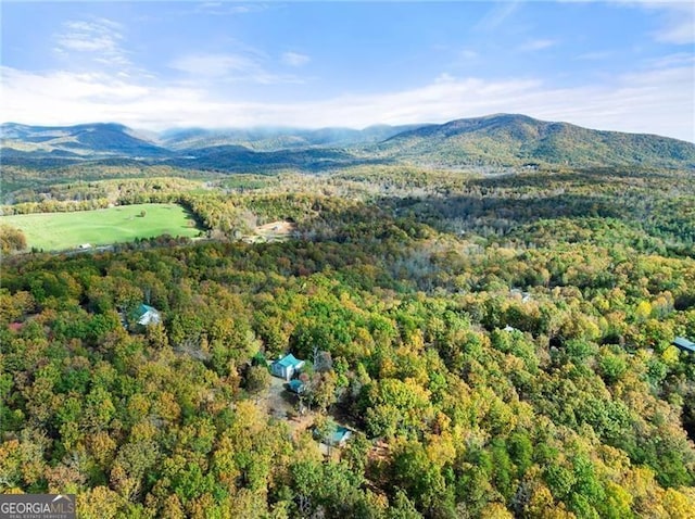 birds eye view of property featuring a mountain view and a view of trees