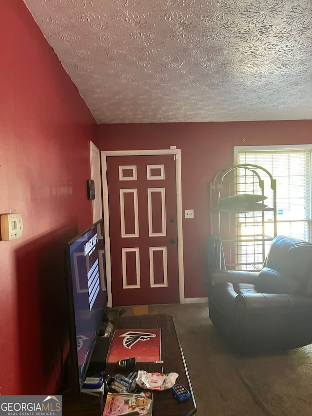 carpeted entryway featuring a textured ceiling