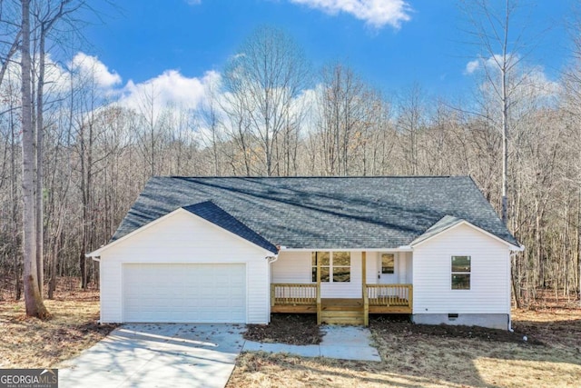 ranch-style home featuring a shingled roof, concrete driveway, an attached garage, crawl space, and a porch