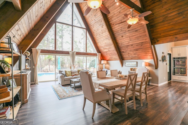 dining area with baseboards, wood ceiling, ceiling fan, dark wood-style flooring, and beamed ceiling