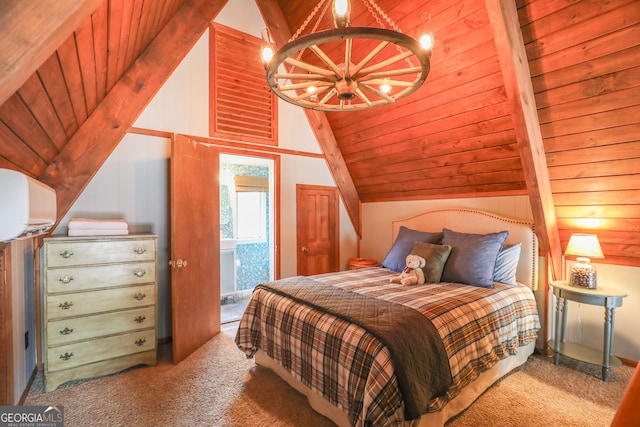 bedroom featuring wood ceiling, vaulted ceiling with beams, carpet, access to outside, and a chandelier