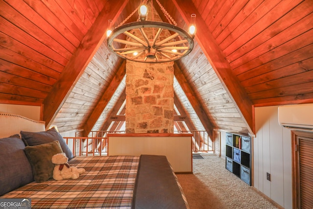 unfurnished bedroom with vaulted ceiling with beams, a wall mounted air conditioner, carpet flooring, and wooden ceiling