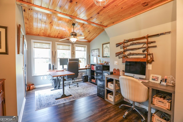 office space with dark wood-style flooring, lofted ceiling, ceiling fan, wooden ceiling, and baseboards