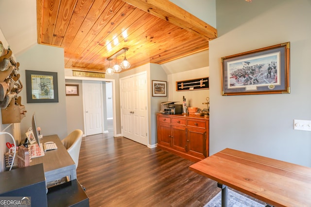 dining area with dark wood-style floors, wood ceiling, and vaulted ceiling