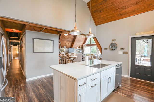 kitchen featuring lofted ceiling with beams, wooden ceiling, dark wood-type flooring, a sink, and stainless steel dishwasher