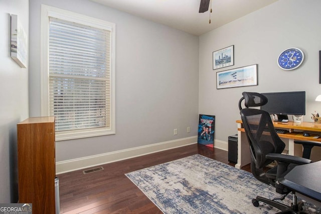 office area featuring a ceiling fan, visible vents, baseboards, and wood finished floors