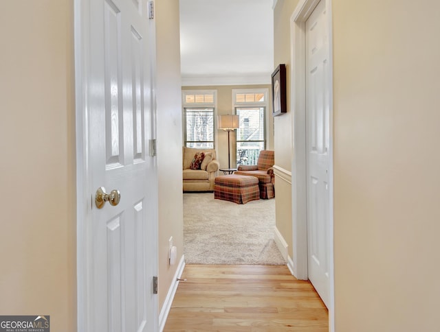 hallway with light wood finished floors, light colored carpet, and baseboards