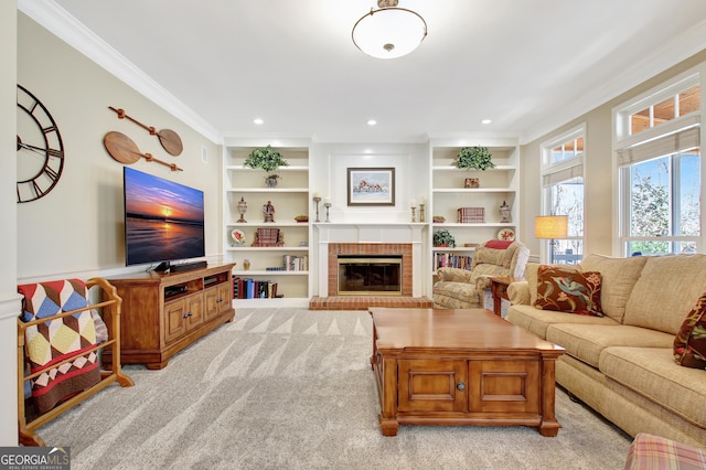 living area featuring built in features, recessed lighting, light colored carpet, ornamental molding, and a brick fireplace