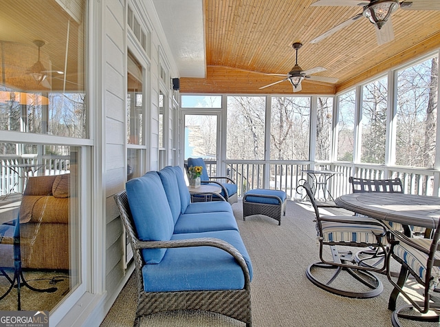 sunroom featuring wooden ceiling and ceiling fan