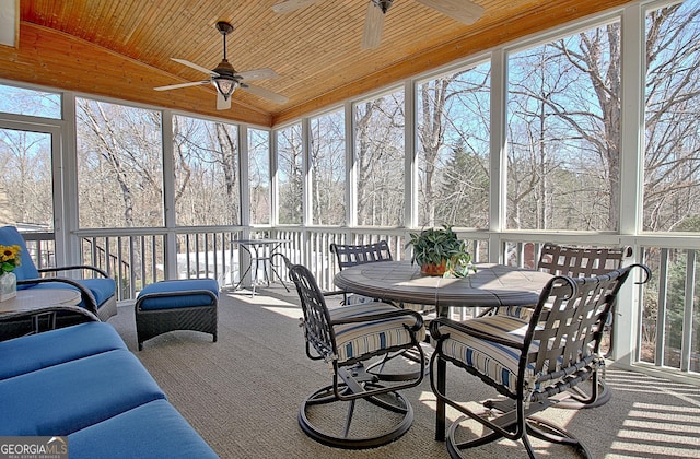 sunroom / solarium with lofted ceiling, a wealth of natural light, wood ceiling, and a ceiling fan