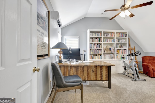 office area featuring lofted ceiling, a wall unit AC, light colored carpet, a ceiling fan, and visible vents