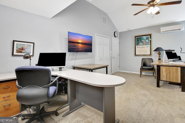 office space with light carpet, visible vents, a ceiling fan, vaulted ceiling, and a wall mounted AC