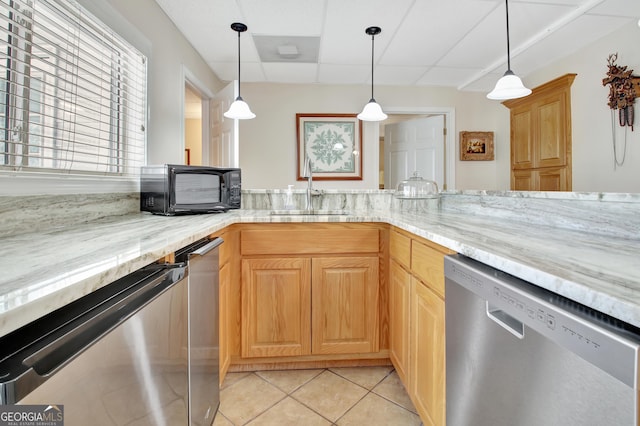 kitchen featuring a sink, light tile patterned floors, black microwave, and dishwasher